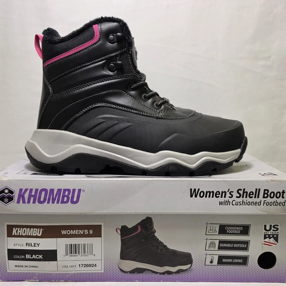 Khombu Riley Womens Black Pink Shell Winter Boots Faux Fur Lined Size 9 1726924